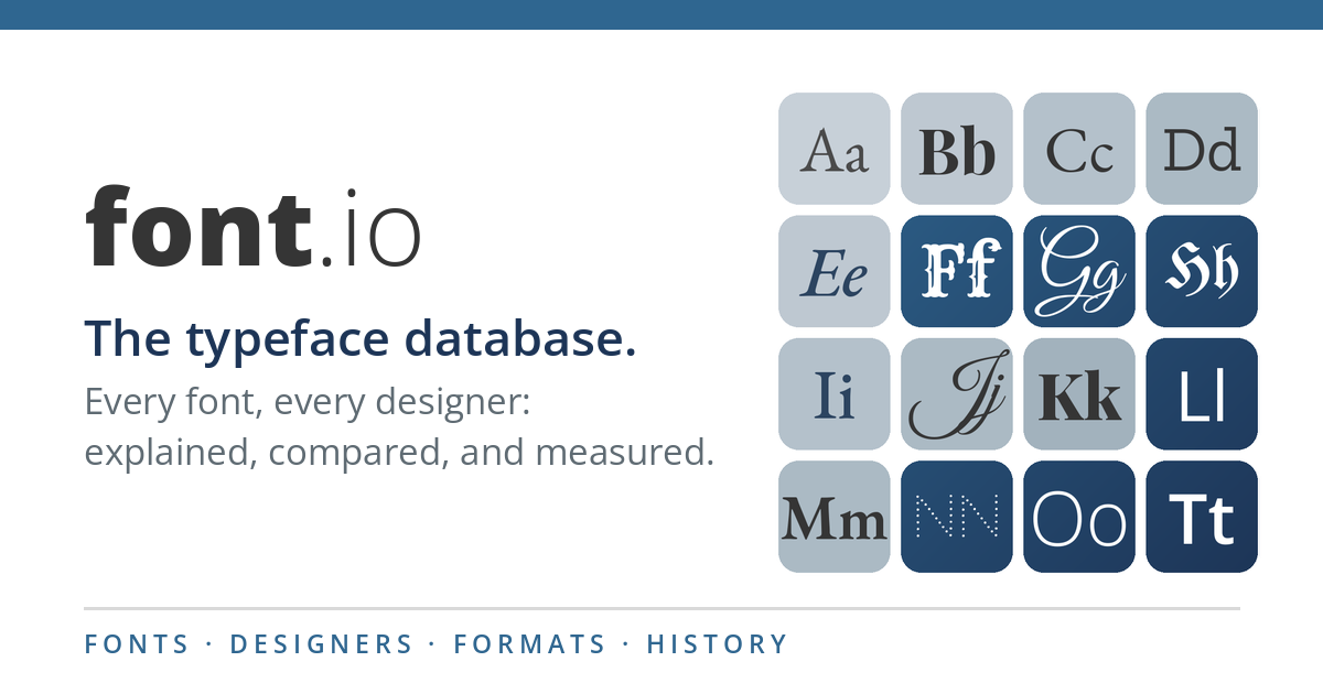 font.io, the typeface database: the wordmark beside a four by four matrix of specimen tiles, Aa through Tt, each pair set in a different typeface